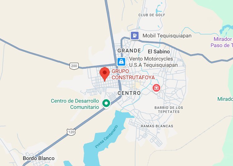 Mapa de la zona centro de Tequisquiapan, Querétaro, con la ubicación de Grupo Construtafoya